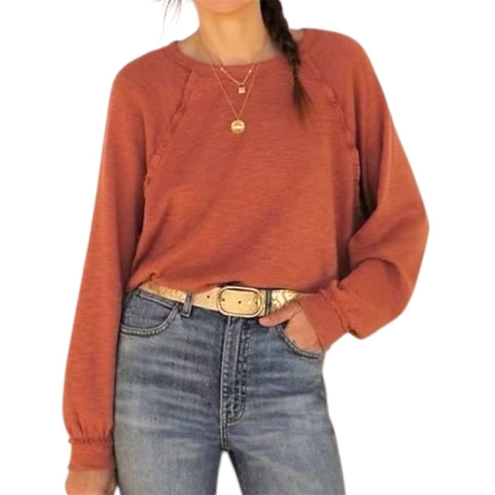 Pilcro Anthropologie Rust Brown Ruffle Raglan Long Sleeve Top OB1278691 XXS - Picture 10 of 10